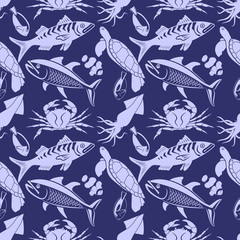 Seafood vector seamless pattern with squid, fish, turtle and crab