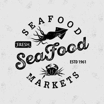Seafood market logo. Vintage badge design. Vector illustration. 