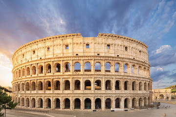 The Coliseum or Flavian Amphitheatre (Amphitheatrum Flavium or Colosseo), Rome, Italy.   - obrazy, fototapety, plakaty