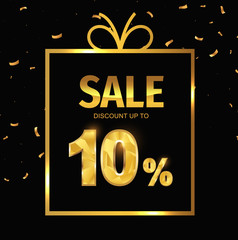 Sale discount 10 percent in gift box. Vector Low polygonal font. Special offer sale gold tag isolated vector. Discount offer price label, symbol for advertising campaign on shopping day.
