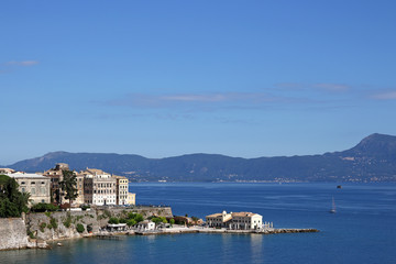 Fototapeta na wymiar Corfu town and blue sea cityscape summer season Greece