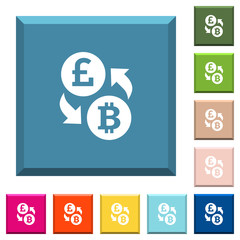 Pound Bitcoin money exchange white icons on edged square buttons