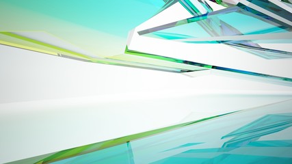 Abstract white and colored gradient glasses interior multilevel public space with window. 3D illustration and rendering.