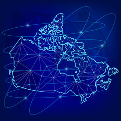 Global logistics network concept. Communications network map of the Canada on the world background. Map of Canada with nodes in polygonal style. Vector illustration EPS10. 