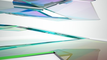 Abstract white and colored gradient glasses interior multilevel public space with window. 3D illustration and rendering.