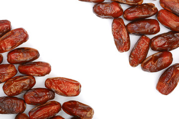 dry dates isolated on white background with copy space for your text. Top view. Flat lay pattern