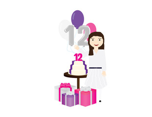 Girl 12th birthday vector illustration. girl, birthday cake, balloons and gift box
