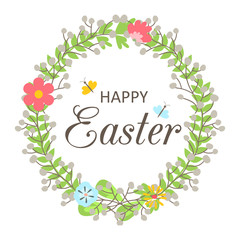 Easter wreath with flowers, butterflies, leaves and phrase - Happy Easter isolated vector illustration