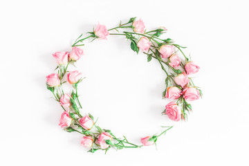 Flowers composition. Wreath made of pink rose flowers on white background. Flat lay, top view, copy...