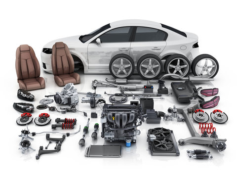 Car body disassembled and many vehicles parts