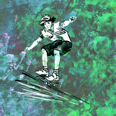 Guy on skateboard, black graffiti style drawing on wall with green color palette splashes background, hand painted watercolor illustration