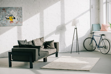 interior of living room with sofa and bicycle