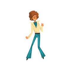 Man in 1980s style clothes dancing disco at music party, male dancer character vector Illustration on a white background