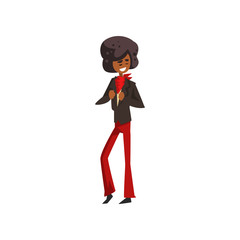 Dancing african american man character, guy in 1980s style clothes and afro hairstyle dancing disco vector Illustration on a white background