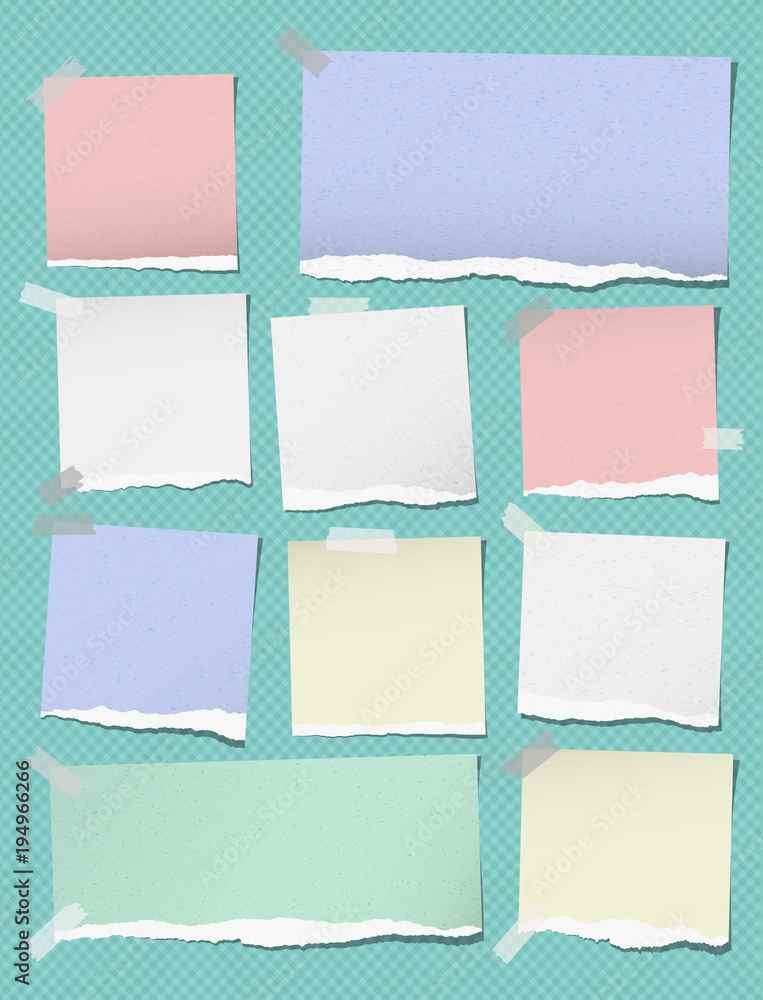 Poster colorful torn note, notebook paper pieces for text stuck on tuquoise squared background. vector illu