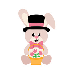 cartoon bunny sitting with hat and basket and flowers
