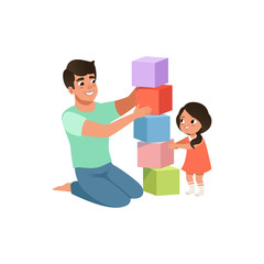Smiling dad playing cubes with his daughter, loving father and kid spending time together vector Illustration on a white background