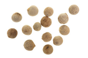 Fototapeta na wymiar white peppercorns in isolated white background. Top view. Flat lay. Close up