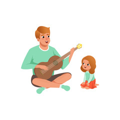 Father playing guitar music to his daughter, loving dad and kid spending time together vector Illustration on a white background