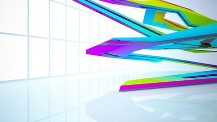 Abstract white and colored gradient  interior multilevel public space with window. 3D illustration and rendering.