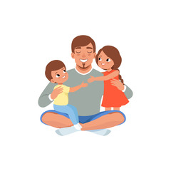 Obraz na płótnie Canvas Happy father with his two children , loving dad and kid spending time together vector Illustration on a white background