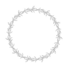 vector hand drawn floral wreath, round frame with leaves, decorative design element, illustration