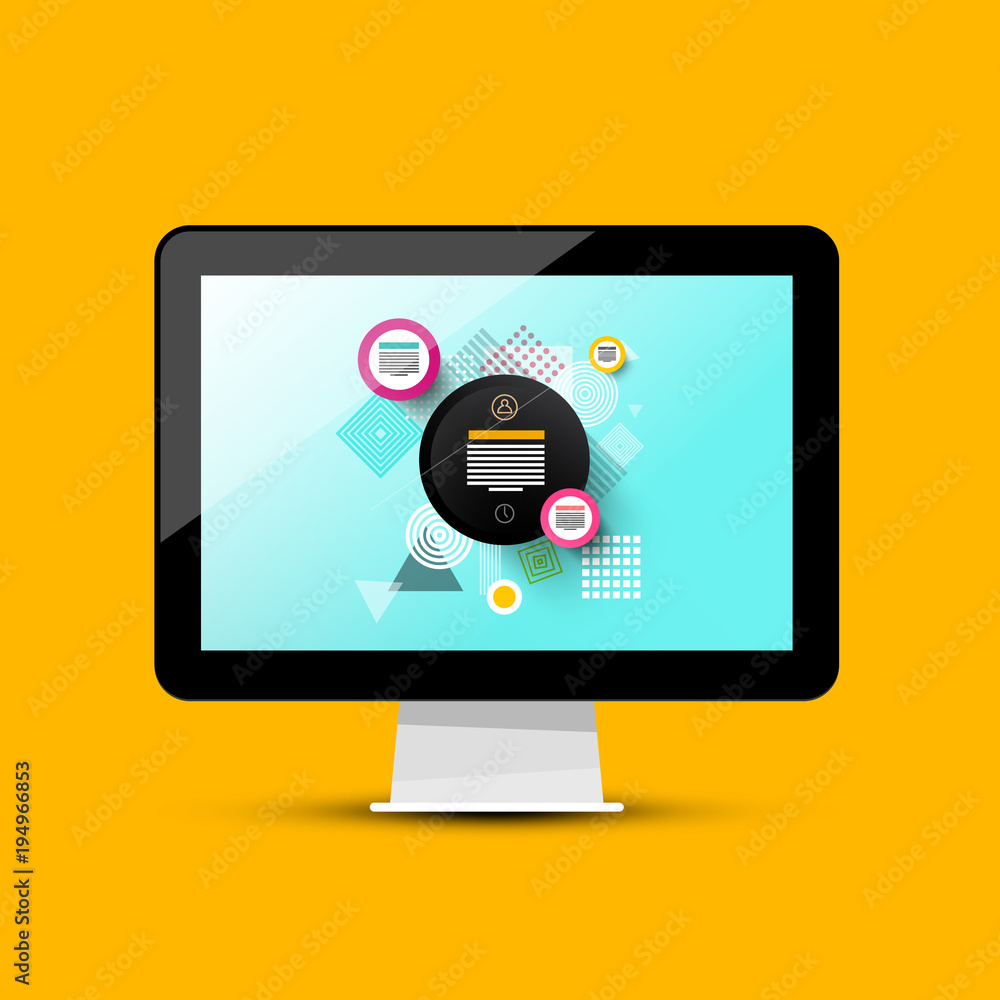 Poster modern web design on computer screen. vector 3d pc illustration.