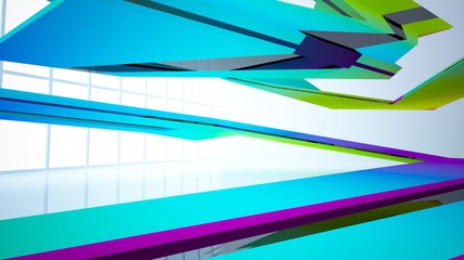 Abstract white and colored gradient  interior multilevel public space with window. 3D illustration and rendering.