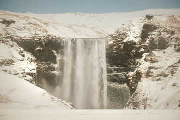 Fototapeta premium Skogafoss, the great and beautiful waterfall in Iceland during winter. Snow blizzard in Iceland near famous Skogafoss waterfall.