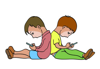 Two boys sitting on the floor with their backs to each other with smartphones. Each of them is passionate about their phone.