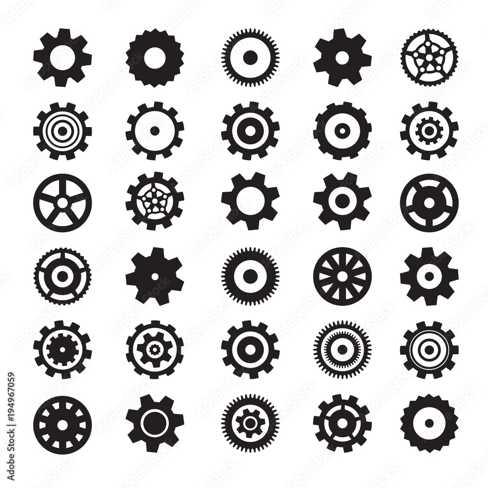 Poster cogs symbols. flat design vector gears set isolated on white background.