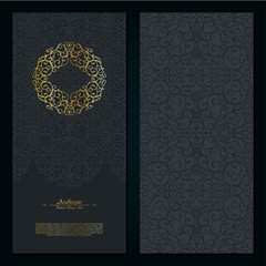 Arabesque eastern abstract element dark gold background card template vector