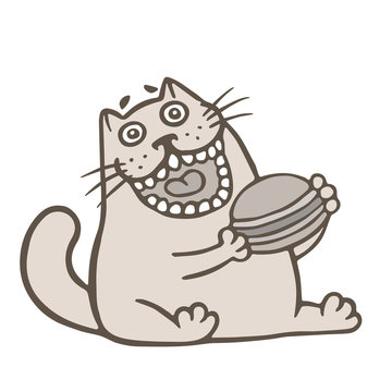 Cute cat holds a large cheeseburger. Vector illustration