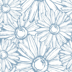 Seamless pattern of chalk chamomiles on a vintage blue