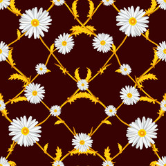 Seamless pattern of crossed chamomiles on golden stems