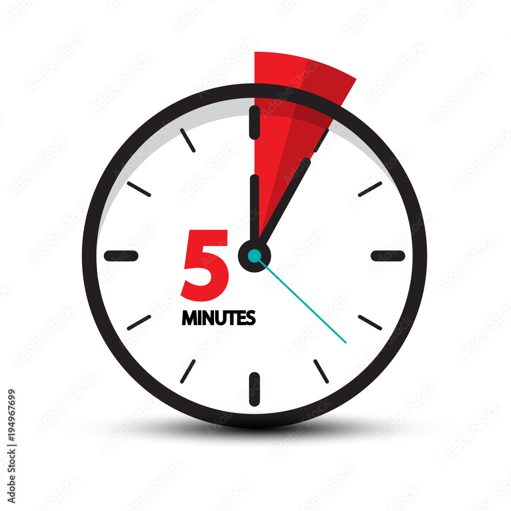 Poster five minutes clock icon isolated on white background. 5 minutes vector time symbol.
