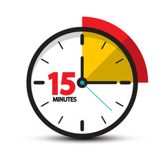 15 Minutes Clock Icon. Vector Fifteen Minute Symbol Isolated on White Background.