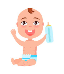 Happy Infant in Diaper Hold Bottle of Milk in Hand
