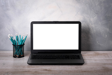 Workspaces mock up Laptop on wood table with glass phone smartphone pencil apple notebook mouse desk with copy space for graphics or products display montage.Working place of designer,close-up Office.