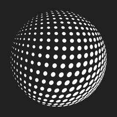 Abstract round 3d white sphere consisting of dots in form of halftone. Scientific and technical frame illustration. Flat cartoon illustration. Objects isolated on a white background.