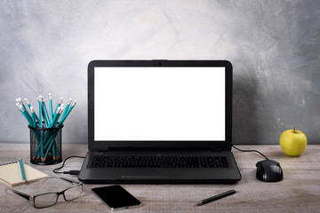 Workspaces mock up Laptop on wood table with glass phone smartphone pencil apple notebook mouse desk with copy space for graphics or products display montage.Working place of designer,close-up Office.