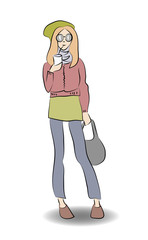 A girl with a cup of drink and a bag. Street fashion, vector illustration.