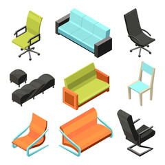 Different office chairs. Isometric illustrations