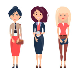 Obraz premium Three Women in Various Dresses Vector Illustration