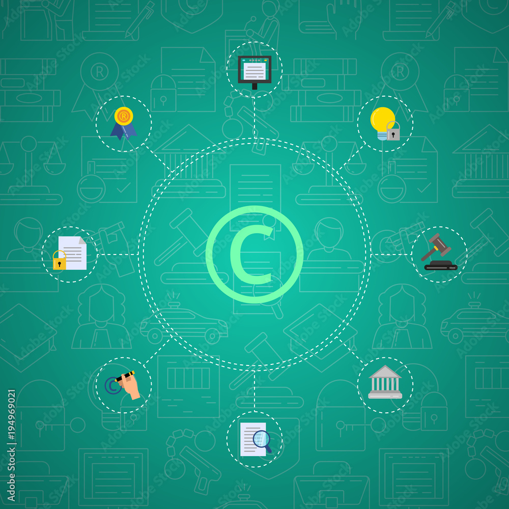 Poster vector flat style copyright elements infographic on gradient background with linear copyright icons