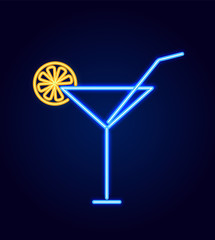 Cocktail Glass with Straw Neon Vector Illustration