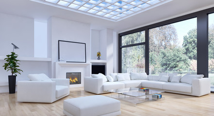 Modern bright interiors room 3D rendering illustration