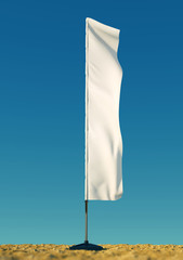 3d rendered mockup blank template of white empty beach flags against a clear sky background. flags for events, parties.