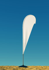 3d rendered mockup blank template of white empty beach flags against a clear sky background. flags for events, parties.