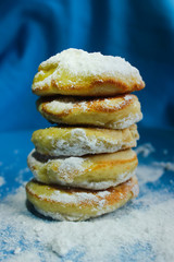 pancakes with a smile on a blue background.